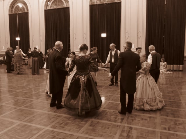 Five partner dance at a Colonial Ball in the Albert Hall Canberra (circa 2016) (sepia)