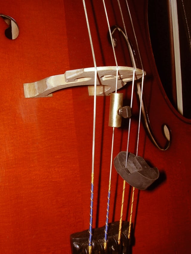A brass wolf tone eliminator typically placed on the G string (second string from the left) of a cello, between the bridge and the tailpiece.