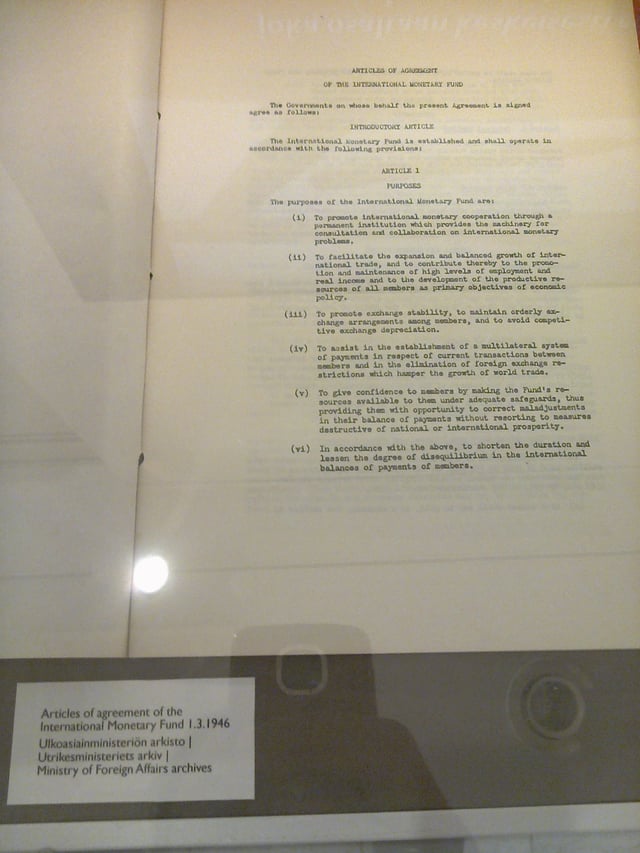 First page of the Articles of Agreement of the International Monetary Fund, 1 March 1946. Finnish Ministry of Foreign Affairs archives