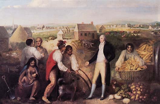 Benjamin Hawkins, seen here on his plantation, teaches Creek Native Americans how to use European technology, painted in 1805