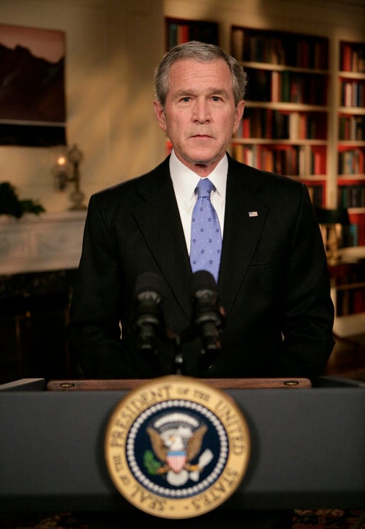 President George W. Bush announces the new strategy on Iraq from the White House Library, 10 January 2007.