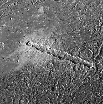 A chain of craters on Ganymede, probably caused by a similar impact event. The picture covers an area approximately 190 km (120 mi) across