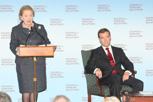 Madeleine Albright with Russian President Dmitry Medvedev