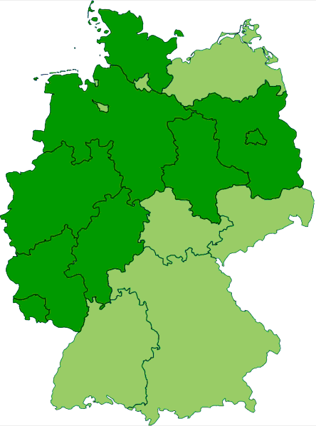Current states of Germany (shown in darker green) that are completely or mostly situated inside the old borders of Imperial Germany's Kingdom of Prussia