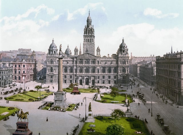 Glasgow City Chambers, located on George Square, is the headquarters of Glasgow City Council and the seat of local government in the city, circa 1900.