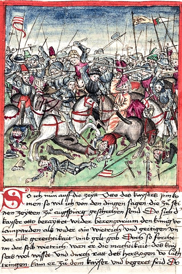A 1457 illustration of the Battle of Lechfeld in Sigmund Meisterlin's codex about the history of Nuremberg
