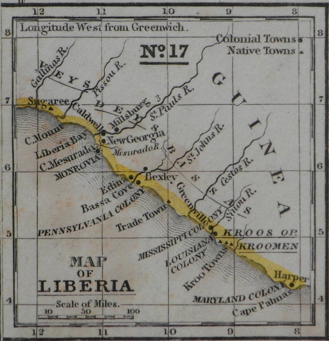 Map of Liberia Colony in the 1830s, created by the ACS, and also showing Mississippi Colony and other state-sponsored colonies.