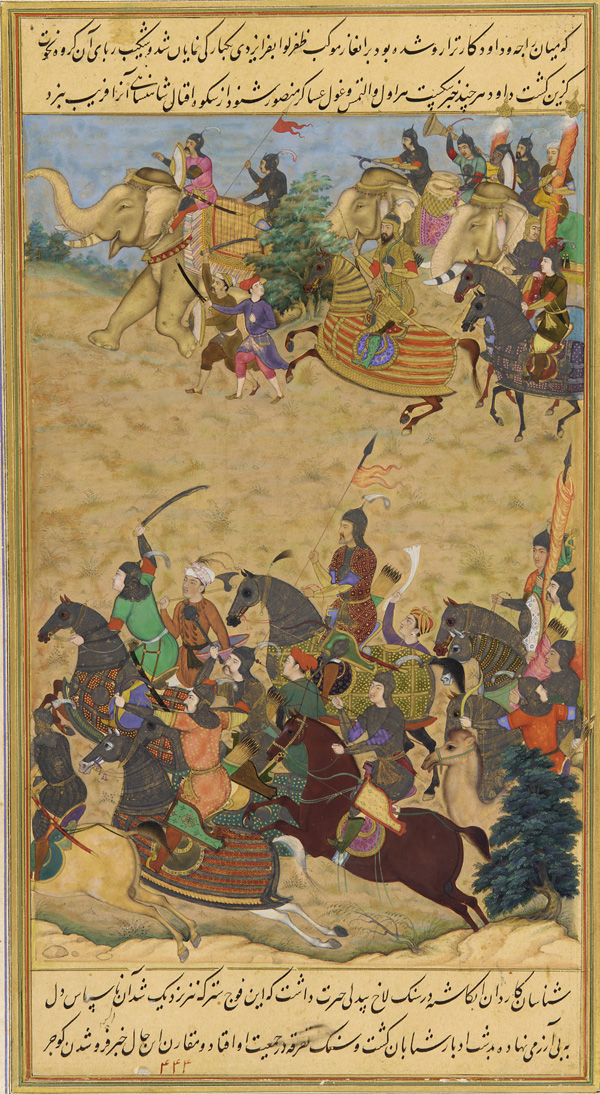 Young Akbar leads a Mughal Army of 10,000 during the Second Battle of Panipat, against more than 30,000 mainly Rajput adversaries led by Hemu.
