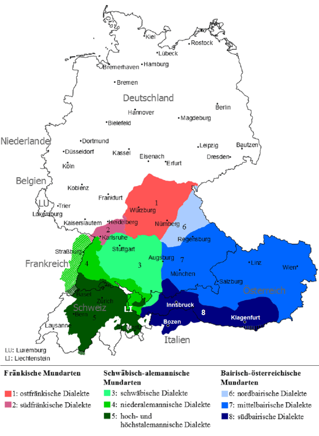 Upper German, southern counterpart to Central German, both forming the High German Languages. Blue are the Austro-Bavarian dialects