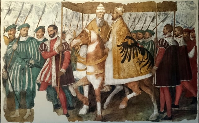 Pope Clement VII and Emperor Charles V on horseback under a canopy, by Jacopo Ligozzi, c. 1580. It describes the entry of the Pope and the Emperor into Bologna in 1530, when the latter was crowned as Holy Roman Emperor by the former.