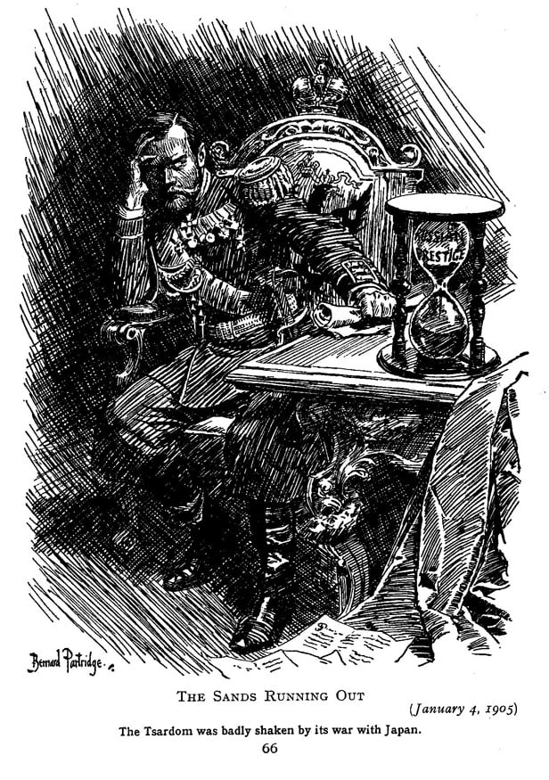 Punch cartoon, 1905; A cartoon in the British press of the times illustrating the Russian Empire's loss of prestige after the nation's defeat. The hour-glass represents Russia's prestige running out.