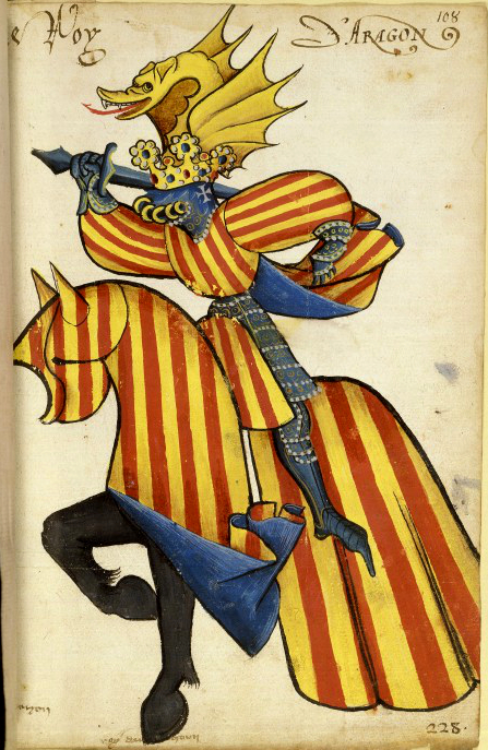 Equestrian heraldic of king Alfonso V of Aragon in the Equestrian armorial of the Golden Fleece 1433–1435. Collection Bibliothèque de l'Arsenal.