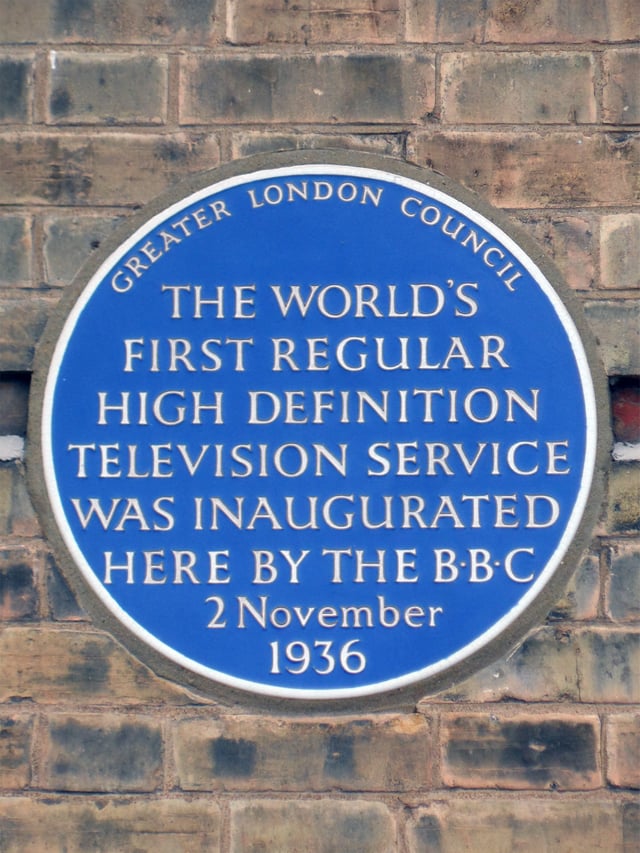 Blue plaque at Alexandra Palace, commemorating the launch of the world's first high-definition television service, BBC Television, in 1936