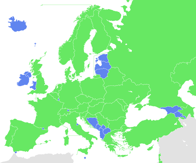 Map of UEFA countries whose teams reached the group stage of the UEFA Champions League   UEFA member state that has been represented in the group stage   UEFA member state that has not been represented in the group stage