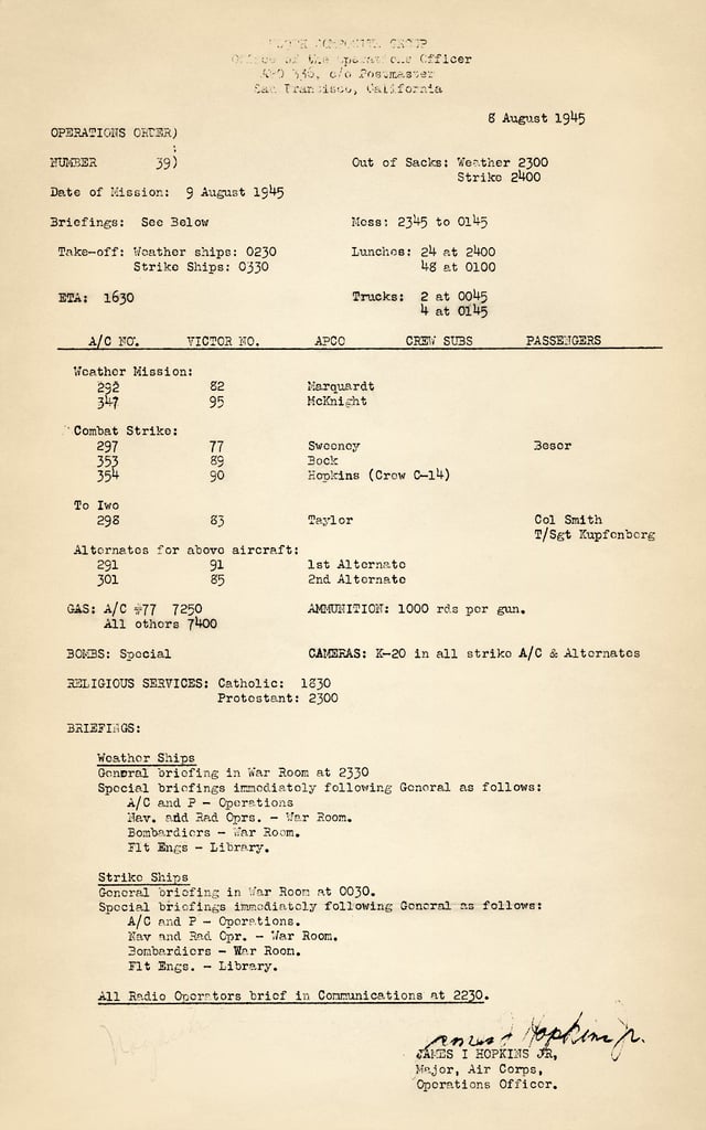 Strike order for the Nagasaki bombing as posted August 8, 1945