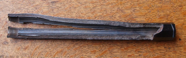 Burst barrel of a muzzle loader pistol replica, which was loaded with nitrocellulose powder instead of black powder and could not withstand the higher pressures of the modern propellant