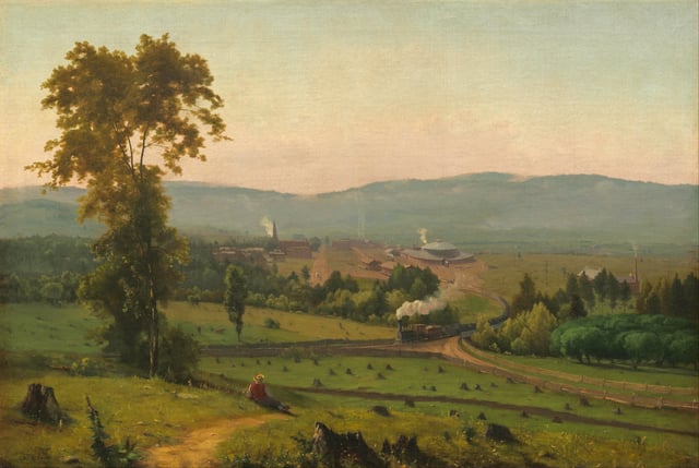 Scranton in 1855, as depicted by George Inness's painting The Lackawanna Valley, noting roundhouse of the Delaware, Lackawanna and Western Railroad