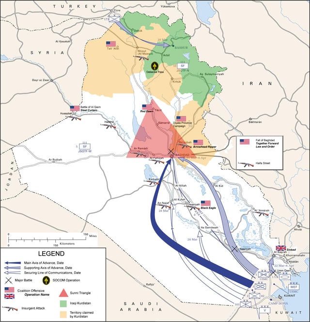 Map of the invasion routes and major operations/battles of the Iraq War through 2007