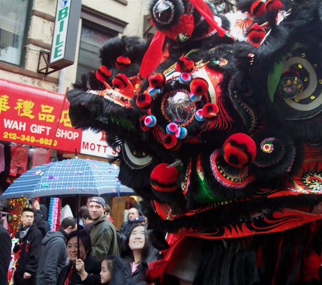 A Chinese lion during Chinese New Year festivities on Mott Street near Worth Street.