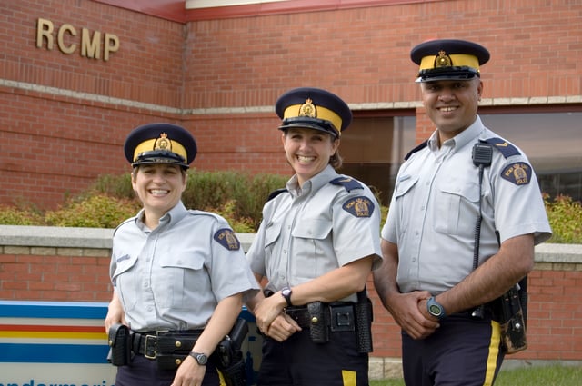 Royal Canadian Mounted Police officers in St. Albert. The RCMP provides municipal policing throughout most of Alberta.