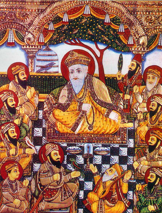 A rare Tanjore-style painting from the late 19th century depicting the ten Sikh Gurus with Bhai Bala and Bhai Mardana