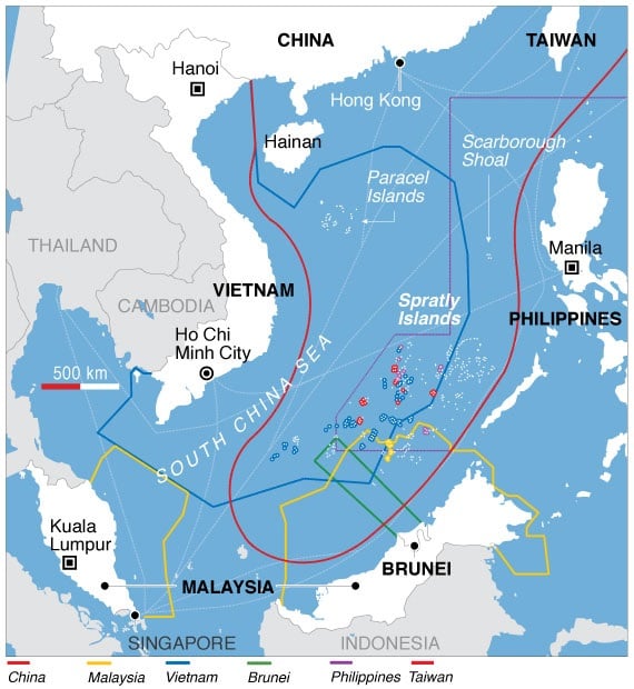 Territorial claims in the South China Sea. Vietnam's EEZ has a blue line.