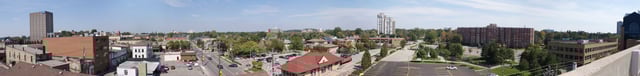 Uptown looking Northwest from the Uptown Parkade. Landmarks visible include the Marsland Centre on the extreme left and Waterloo City Hall on the extreme right.