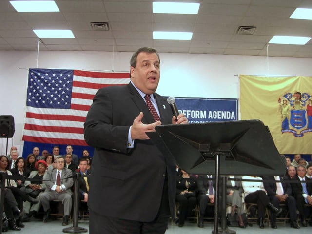 Christie at a town hall meeting in Union City, New Jersey, on February 9, 2011