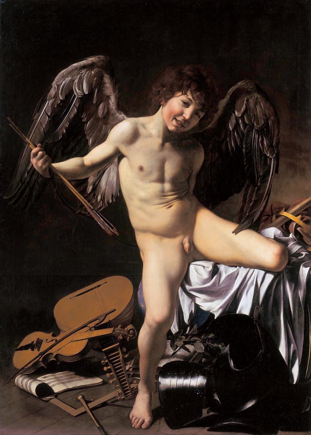 Amor Victorious (1602–1603). Oil on canvas. 156 x 113 cm. Caravaggio shows Eros prevailing over other human endeavors: war, music, science, government.