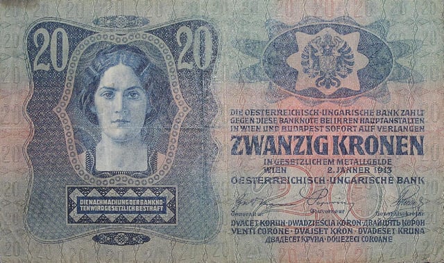 A 20-crown banknote of the Dual Monarchy, using all official and recognized languages except Hungarian