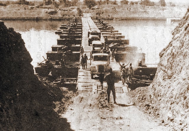 Egyptian forces crossing the Suez Canal on 7 October 1973