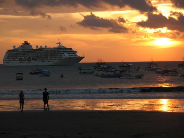 A Royal Caribbean Cruise ship docked near the beach at San Juan del Sur in Southern Nicaragua.