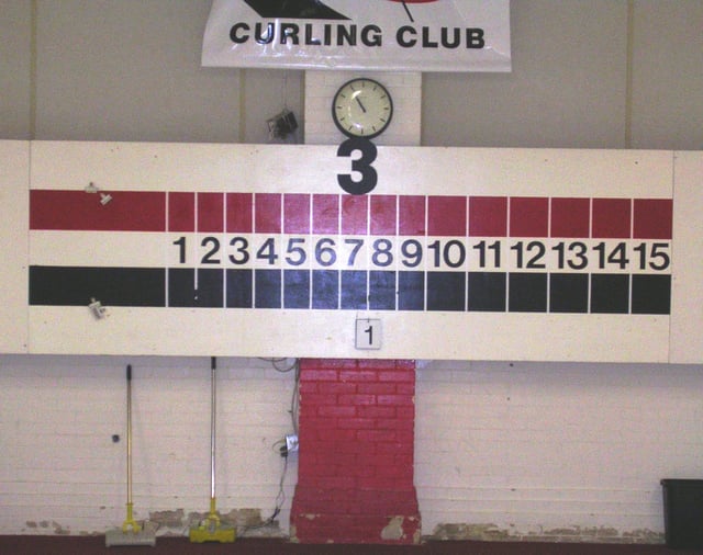 A typical curling scoreboard used at clubs, which use a method of scoring different from the ones used on television