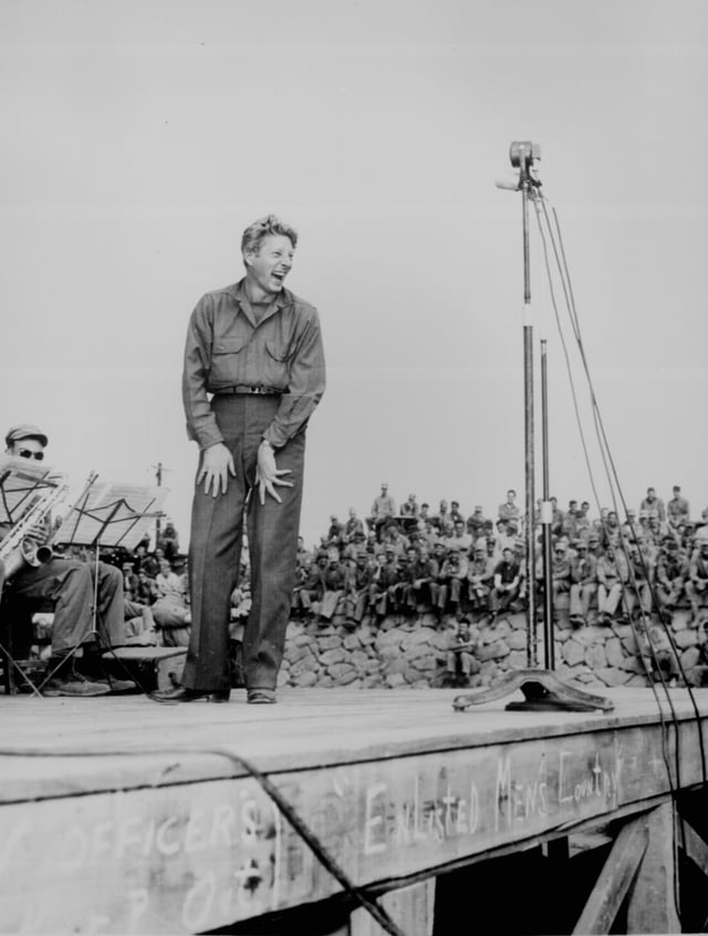 Danny Kaye on USO tour at Sasebo, Japan, October 25, 1945. Kaye and his friend, Dodgers manager Leo Durocher, made the trip.