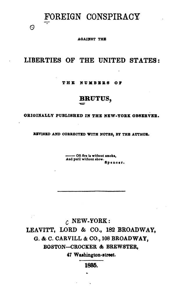Cover of Foreign Conspiracy Against the Liberties of the United States by Samuel F.B. Morse, 1835 edition
