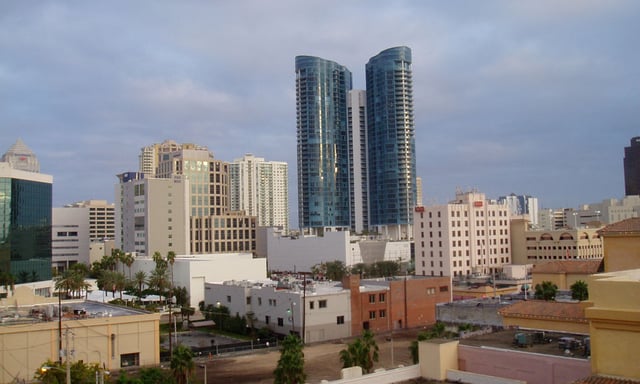 City skyline, featuring Las Olas River House (center), 110 Tower (far right), and Bank of America Plaza (far left)