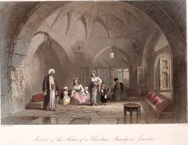 Illustration of Palestinian Christian home in Jerusalem, ca 1850. By W. H. Bartlett