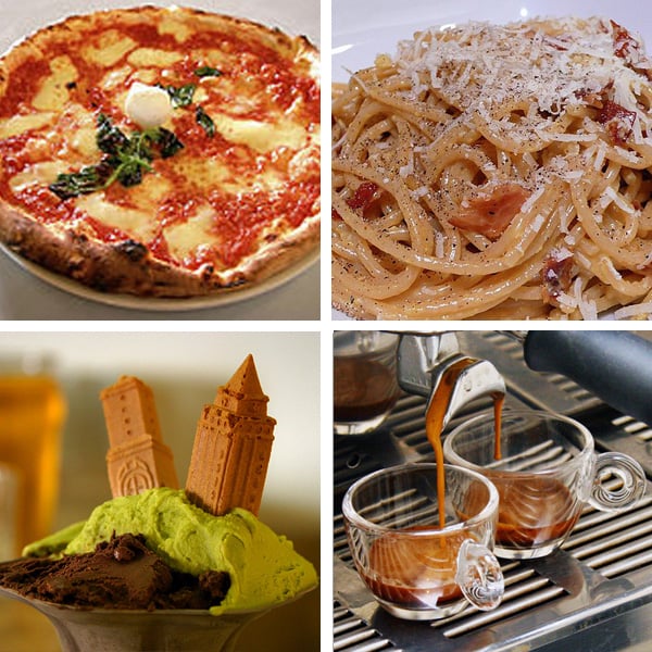 Some of the most popular Italian foods: pizza (Margherita), pasta (Carbonara), espresso, and gelato
