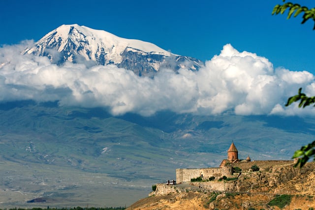 The 7th-century Khor Virap monastery in the shadow of Mount Ararat; Armenia was the first state to adopt Christianity as the state religion, in AD 301