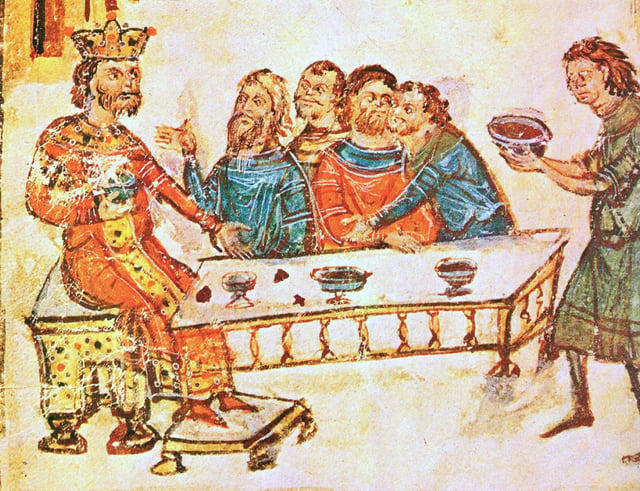 Khan Krum feasts with his nobles after the battle of Pliska.