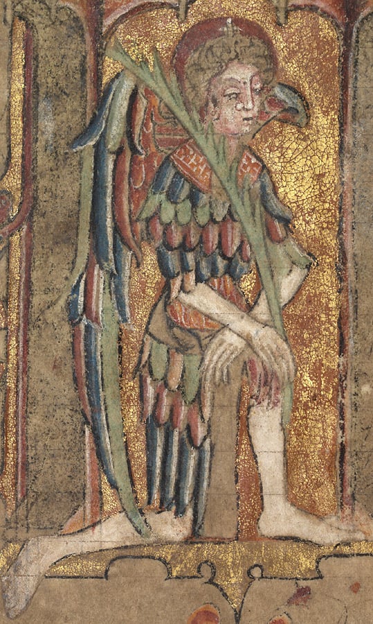The Annunciation, Gabriel kneeling on one knee. Llanbeblig Book of Hours (f. 1r.)
