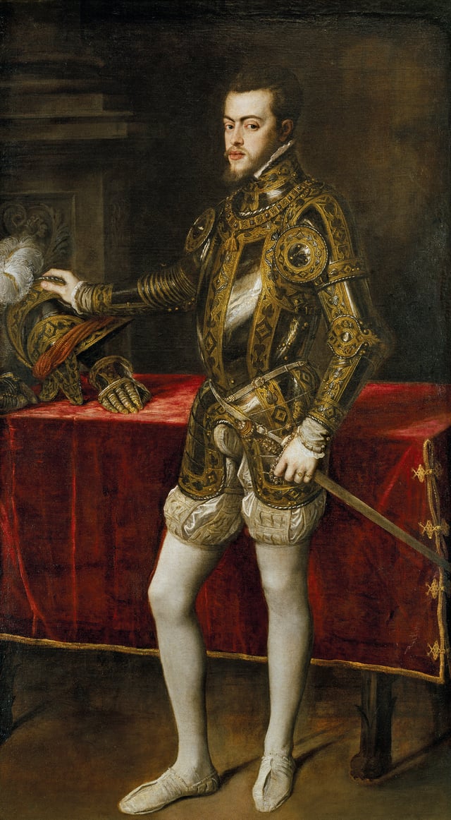 Titian portrait of Philip as prince (1554), aged about twenty-four dressed in a lavishly decorated set of armour.