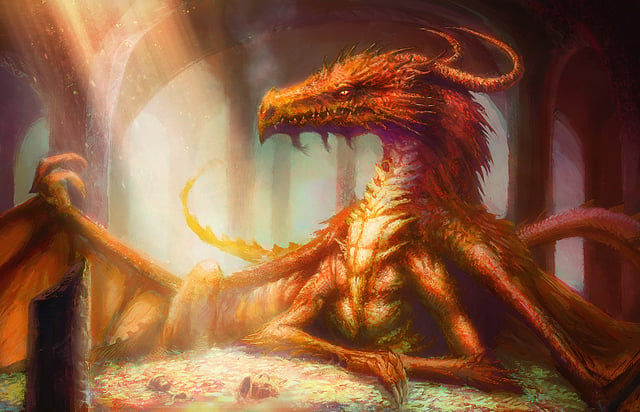 Modern fan illustration by David Demaret of the dragon Smaug from J. R. R. Tolkien's 1937 high fantasy novel The Hobbit