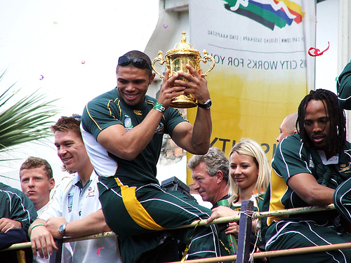 The Springboks in a bus parade after winning the 2007 Rugby World Cup