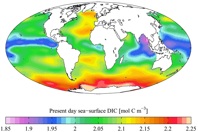 "Present day" (1990s) sea surface dissolved inorganic carbon concentration (from the GLODAP climatology)