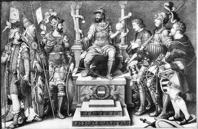 Charles V, enthroned over his defeated enemies (from left): Suleiman, Pope Clement VII, Francis I, the Duke of Cleves, the Duke of Saxony and the Landgrave of Hesse.