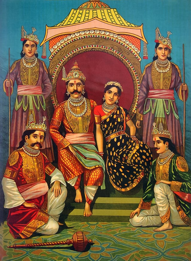 Draupadi with her five husbands - the Pandavas. The central figure is Yudhishthira; the two on the bottom are Bhima and Arjuna. Nakula and Sahadeva, the twins, are standing. Painting by Raja Ravi Varma, c. 1900.