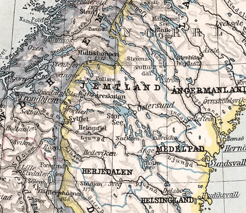 Jämtland – the land in between (mitt emellom). There are only a few kilometers to the Bothnian Sea as well as to the Norwegian Sea, which has led Jämtland often to be occupied by foreign powers. This map from 1905 shows the then Jämtland County, comprising Jämtland and Härjedalen.