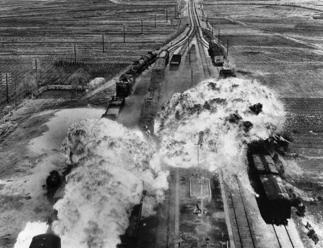 U.S. Air Force attacking railroads south of Wonsan on the eastern coast of North Korea
