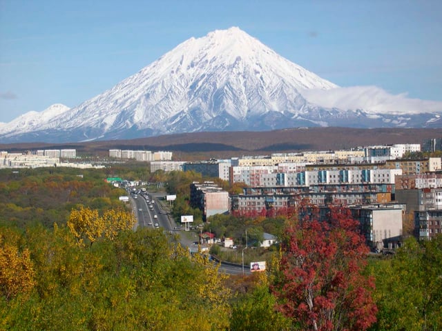 Koryaksky volcano towering over Petropavlovsk-Kamchatsky on the Kamchatka Peninsula